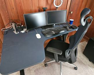 Power adjustable desk, monitors, ergonomic chair