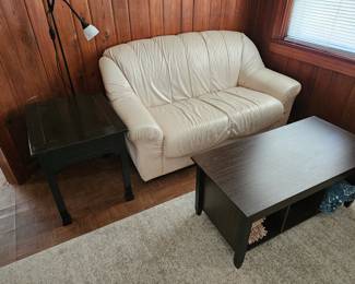 Leather loveseat, solid end table, adjustable coffee table for storage or writing/eating