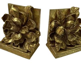 Pair of Heavy Floral Gold Book Ends