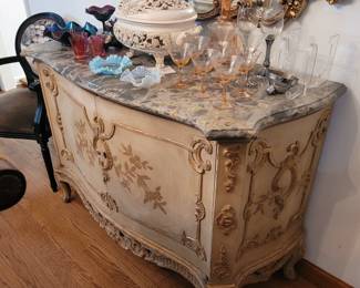 Antique French marble top buffet cabinet.