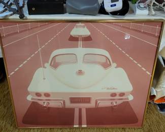 Large 1950s poster framed Stingray Corvette Greg Copeland