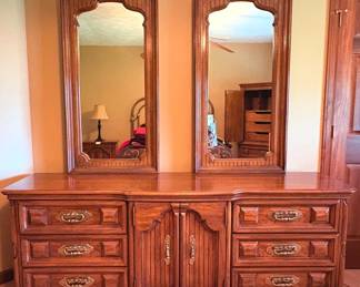 Vintage Wooden Double Dresser With Two Mirrors