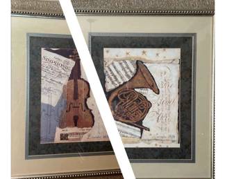 French Horn Cello Artworks in Matching Frames 34 x 30 Each