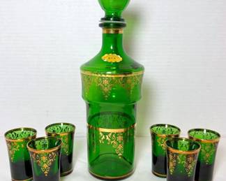 Vintage Cristallerie Artistiche Italy Emerald Green w Gold Decanter 6 Glasses