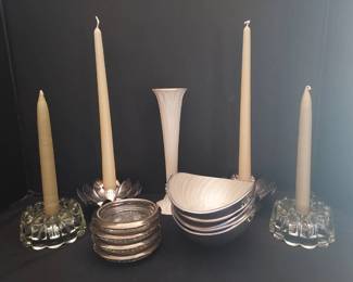 Reed Barton Silverplate Candle Holders, Silver Plated Coasters, Lenox Vase  More