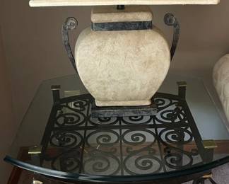 Glass Top Side Table w Black Goldtone Base and Table Lamp 