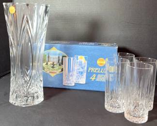 Cristal DArques Crystal Vase And Four Preludio Crystal Highball Tumblers In Box