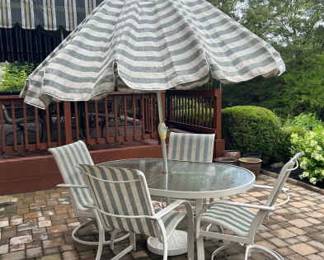 Winston Blue White Striped Patio Table, Umbrella,  Four Chairs 