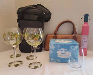 4 Handpainted Palm Tree Wine Glasses, Travel Wine Bottle Coolers More