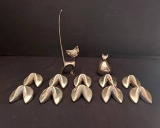 Dansk Silver Plate Cat, 10 Silver Plate Fortune Cookie Place Card Holders More