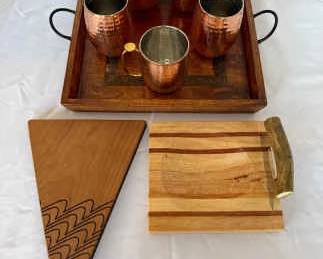 World Market Wood Serving Tray Copper Mugs 