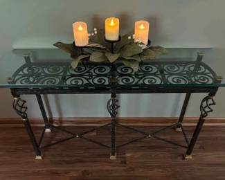Entryway Black Gold Table w Glass Top  Faux Candle Decor 
