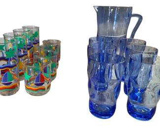 Vintage Culver Cups Blue Pitcher W Cups  Plastic
