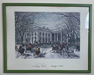 Framed print White House Christmas card, signed Jimmy & Rosalyn Carter