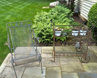 Wrought iron chair and plant cart