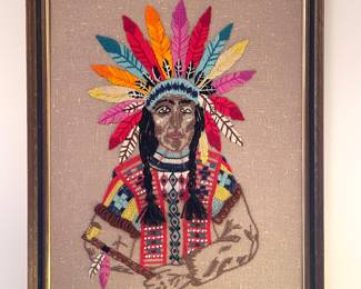 Vtg crewel & needlepoint Native American Cheif