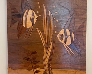 Vtg marquetry inlay wood wall art