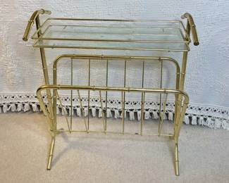 Brass and glass end table with magazine rack