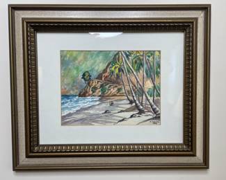 Beach scene watercolor signed M. Cozier 1959