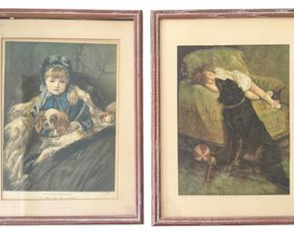 2 Antique Children with Dogs Prints