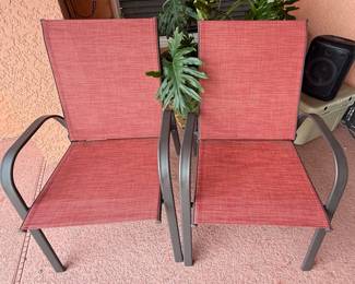 Lot Of 2 Red Patio Chairs , Metal With Fabric Seats