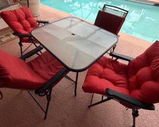 Outdoor Patio Set With Cushions Includes 4 Chairs, Table, And Four Red Cushions