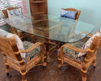 001 Palm Tree Themed Dining Room Set Table W 4 Chairs,, Corner Hutch , 4 Counter Bar Stools