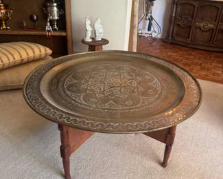 1960s vintage Moroccan table - brass top, wooden bottom