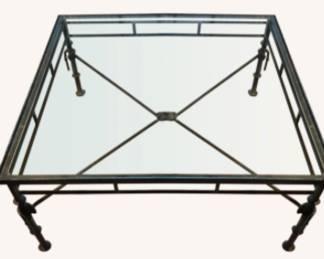 Giacometti style iron and glass coffee table. 1970s