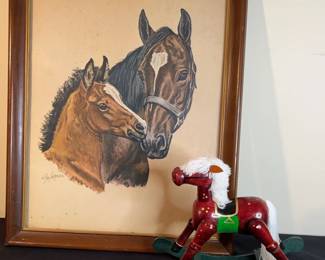 Vintage Rocking Horse And Vintage Horse and Foal Painting