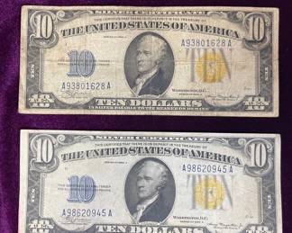 Two 1934A North Africa Silver Certificate $10 With Yellow Seals