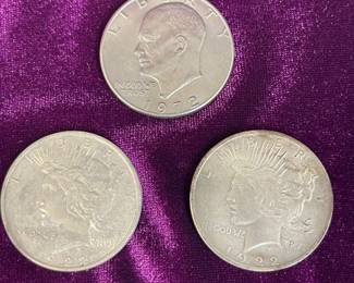 Two 1922 Liberty Peace Dollars And One 1972 Eisenhower Dollar