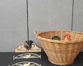 Vintage Wicker Laundrey Basket And Rooster Decor
