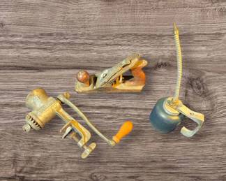 Vintage Tool Trio Oil Can, Hand Plane  Universal Meat Grinder