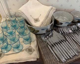 Japan Sandswept Flatware, Stoneware Art Pottery, Libby Glasses, Embroidered Linens