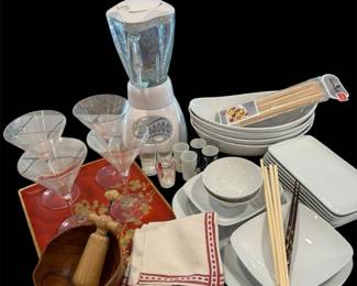 Martini Glasses, Asian Motif Dishes, Tray, Oyster Blender, More