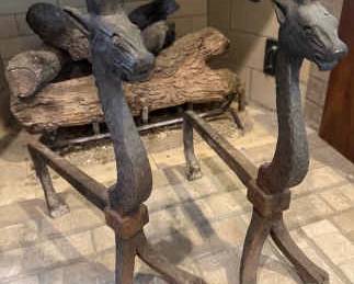 A Pair of Ram Wrought Iron Andirons