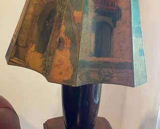 Louis Seybold reproduction artwork lampshade with lamp and versatile side table