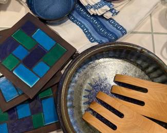 Hand Thrown Pottery, Blue Green Trivets, Enamelware  Linens