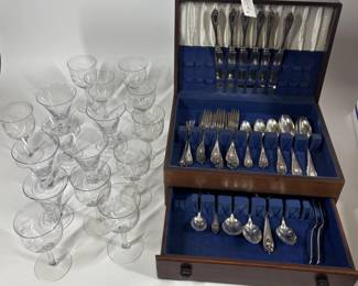 Lot 541 Rogers Bros 1847 Silverware and Crystal Stemware