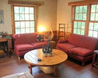 Pine Key & Tenon Coffee Table, Pair of Mid Century Settees