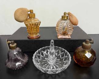 Vintage Perfume Bottles, Colored Bottles with Atomizers, Ring Holder