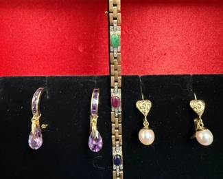 14K Diamond and Gemstone Bracelet, 14K Amethyst Earrings, 14K Pearl Earrings 