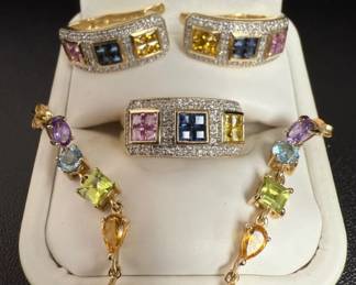 14K Diamond and Gem Earrings and Ring Set, 14K Gem Earrings