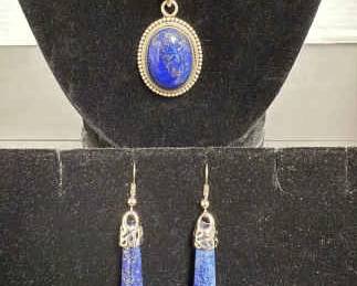 Silver and Lapis Chain and Pendant with Hexagonal Lapis Earrings