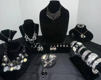 Silver Tone With Black Gems