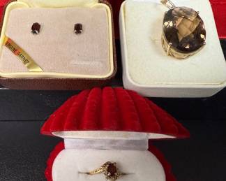 14K Garnet Earrings, 14K Garnet Diamond Ring, 9K Quartz Pendant