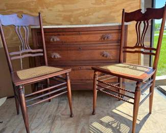 Antique Marble Top Three Drawer Cabinet on Casters, Wood Cane Chairs