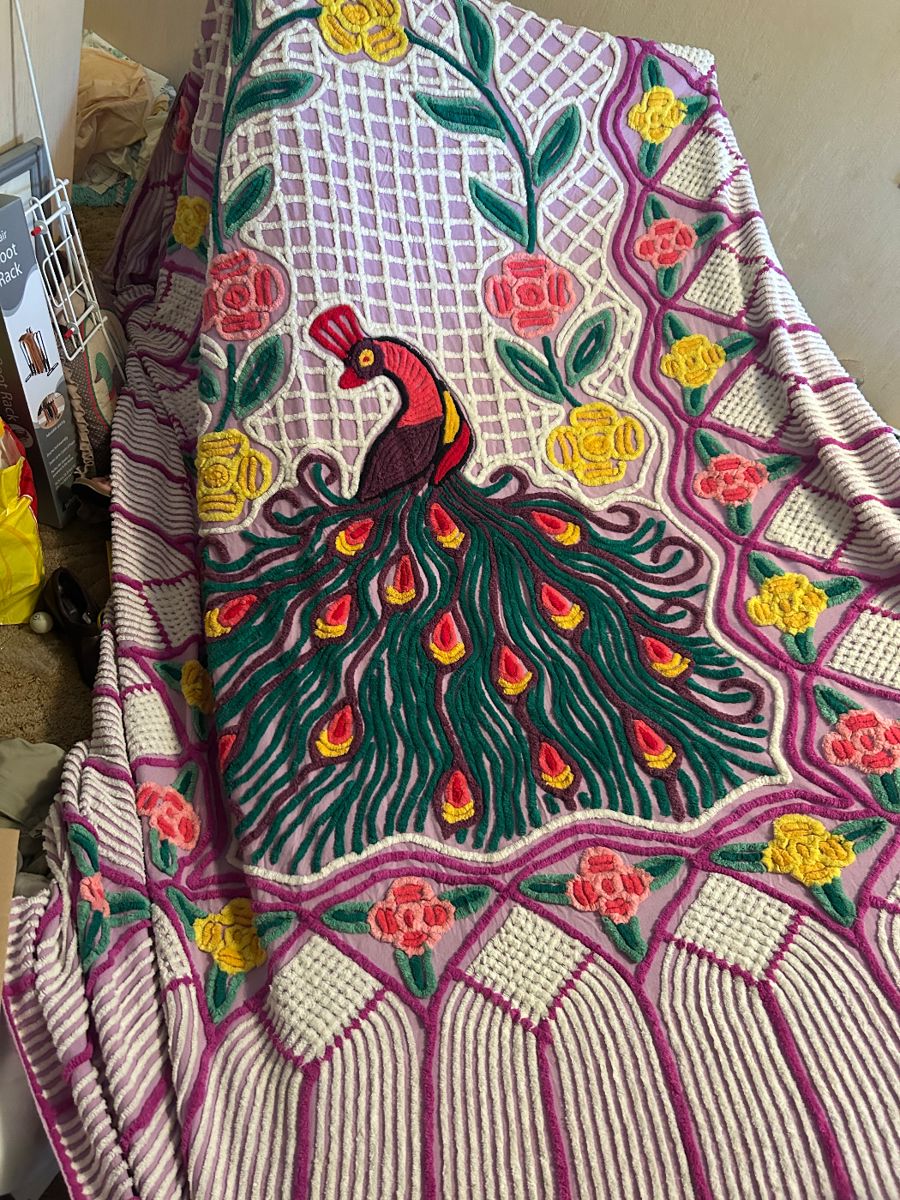 chenille peacock blanket bedspread vintage