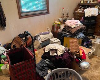desk, nightstand, purses, misc